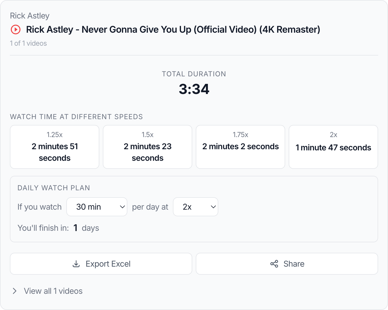 The playlist calculator result panel showing watch time at multiple playback speeds