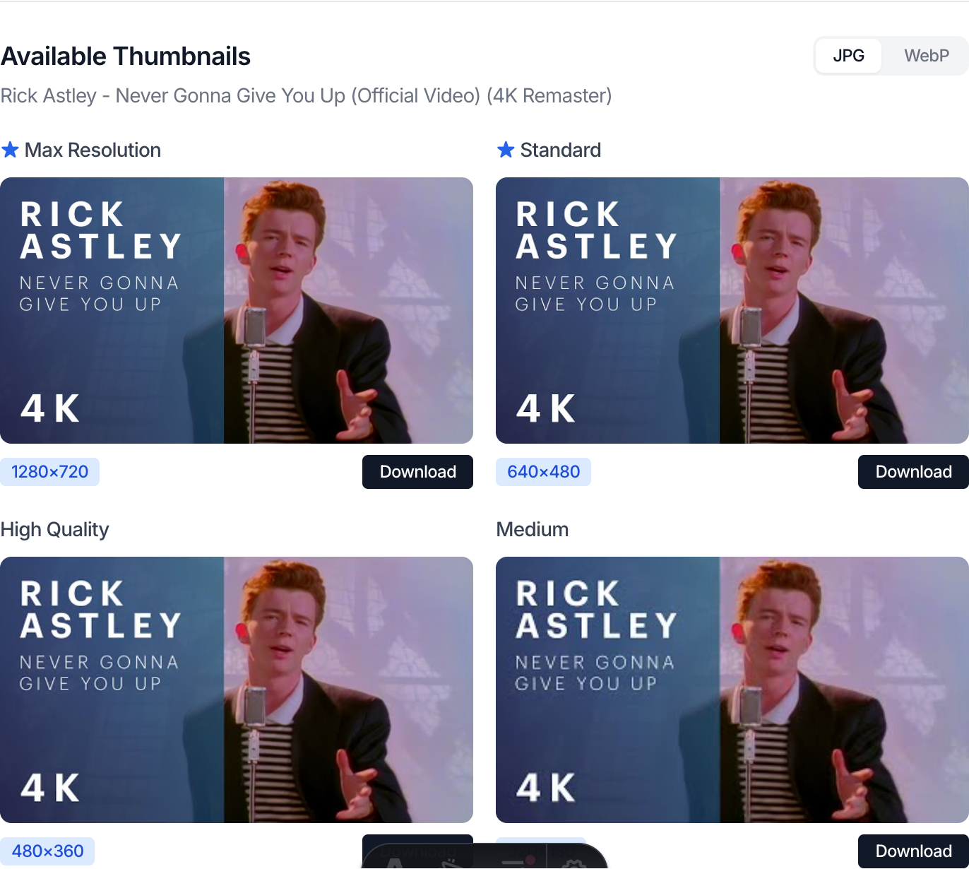 The thumbnail downloader results showing the available thumbnail sizes for a YouTube video
